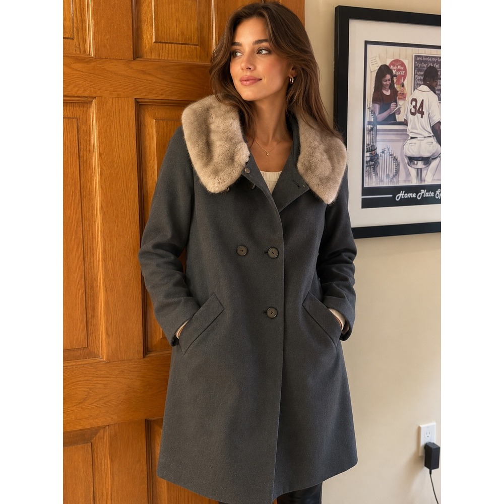 Vintage ILGWU Gray Wool Coat with Genuine Fur Collar‎ Mid Century Modern XL